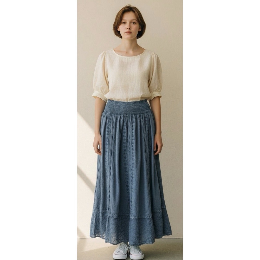 Y2K Cute Options Skirt Boho Lace Embroidered Sheer Rayon Long Flowy Cutout SMALL
